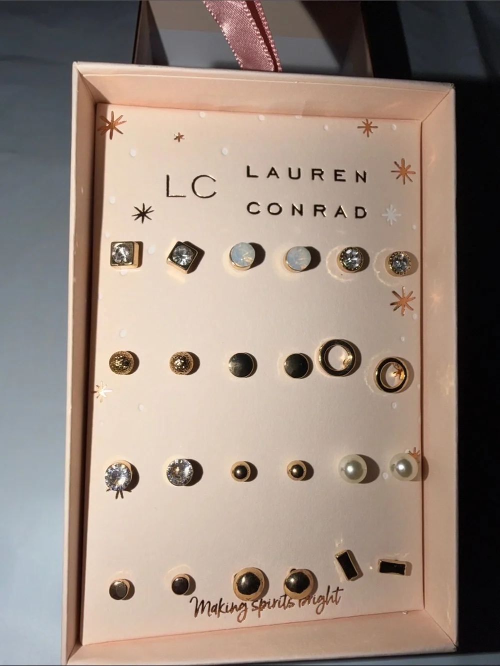 LC Lauren Conrad Gold Tone Mixed Stud Earring Set — White, Black, Gold.